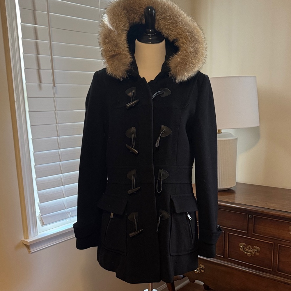 Women's Black Toggle Coat with Fur Hood